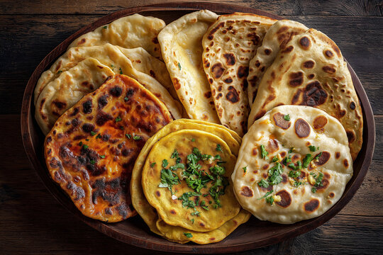 An overhead, close-up shot of a variety of traditional Indian flatbreads (Naan, Roti, Paratha), served together on a rustic wooden platter.