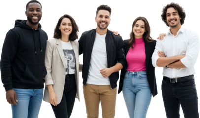 Diverse group of five young adults smiling and posing together showcasing modern fashion People Casual Stylish Men Women