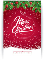 Merry Christmas greeting card on red background with traditional decorations	
