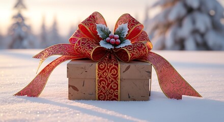 A festive gift box adorned with a large red bow and winter foliage sits nestled in the pristine snow, a snowy forest forms the soft background