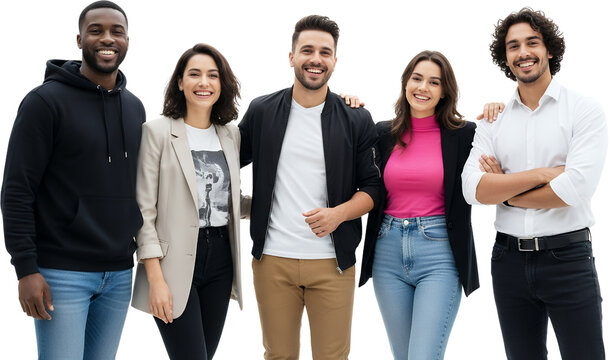 Diverse group of five young adults smiling and posing together showcasing modern fashion People Casual Stylish Men Women
