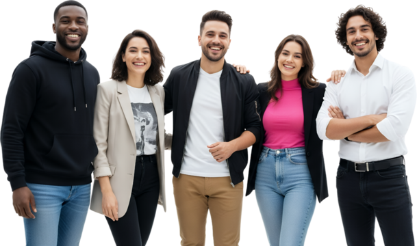 Diverse group of five young adults smiling and posing together showcasing modern fashion People Casual Stylish Men Women