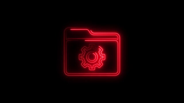 Red neon folder icon with gear symbol on black background setting cogwheel