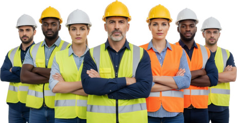 A diverse construction team of six individuals stands with arms crossed wearing hard hats and reflective safety vests diversity