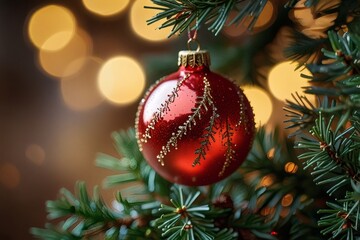Close up of a red christmas ornament on a christmas tree with bokeh lights in the background