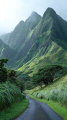 A winding road meanders through lush green hillsides, leading to towering, misty mountains.