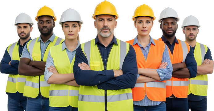 A diverse construction team of six individuals stands with arms crossed wearing hard hats and reflective safety vests diversity