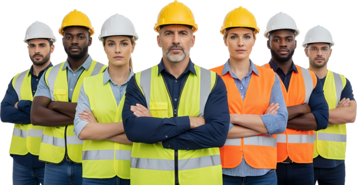 A diverse construction team of six individuals stands with arms crossed wearing hard hats and reflective safety vests diversity