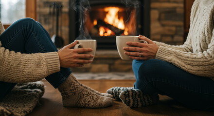 Cozy Winter Scene Of Two People Relaxing By Fireplace Holding Steaming Mugs