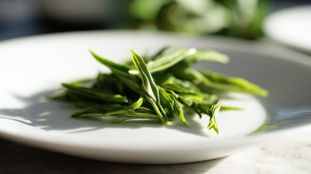 shallow. Fresh green tea leaves on a white plate with natural daylight and soft focus. menu design, packaging mockups, designed for culinary blogs and recipe cards for restaurants.