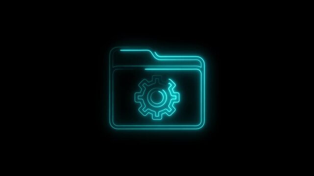 Cyan neon folder icon with gear symbol on black background setting cogwheel