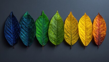 A spectrum of autumnal leaves, transitioning through vivid hues, arranged in a horizontal row against a neutral backdrop.