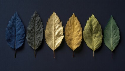 A horizontal arrangement of five leaves, showcasing a spectrum of autumnal hues from deep blues to vibrant greens,  artfully displayed against a deep navy backdrop.
