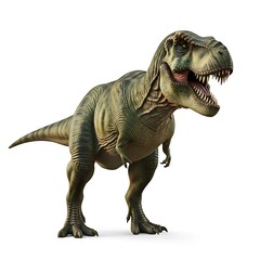 A fierce, rendered Tyrannosaurus Rex poses against a pure white background. The massive predator features detailed scales and a menacing gaze