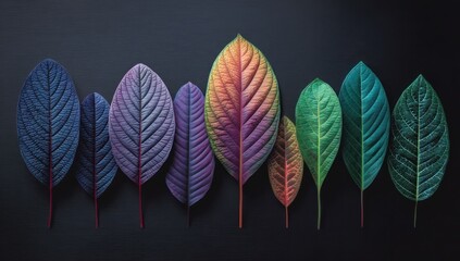 A vibrant array of leaves in various shades of color, arranged in a horizontal row against a dark backdrop.