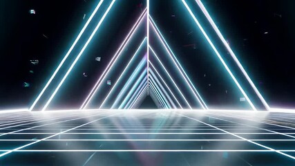 A captivating visual journey through a futuristic tunnel adorned with glowing neon triangles and a reflective floor, creating a mesmerizing atmosphere. - Powered by Adobe