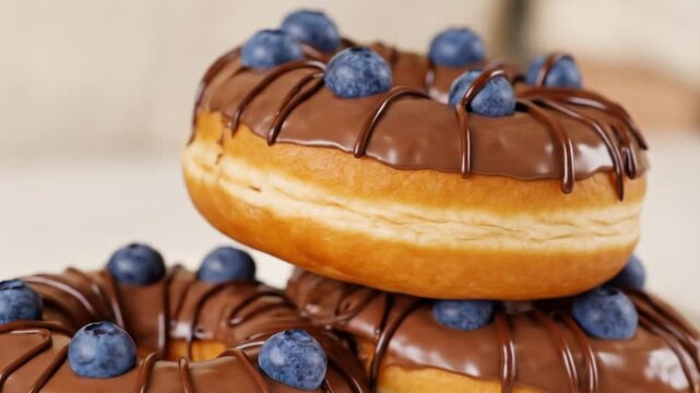 Delicious chocolate donut with blueberry toppings sweet dessert food photography close up bakery treat