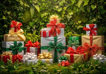 Abundant christmas presents wrapped with colorful ribbons in lush greenery