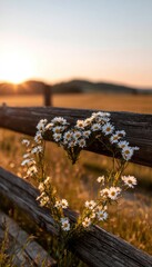 A heart-shaped arrangement of wildflowers rests against a rustic wooden fence at sunset, creating a serene and romantic scene.