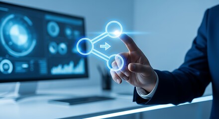 Professional hand interacting with glowing digital network interface, visualizing data exchange and connectivity in a modern tech environment.