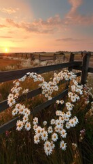 A picturesque sunrise view over a field, with a rustic wooden fence adorned with a heart-shaped cluster of daisies.
