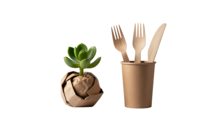 Eco Friendly Tableware and Succulent Plant on Transparent Background for Sustainable Lifestyle Concepts and Green Living