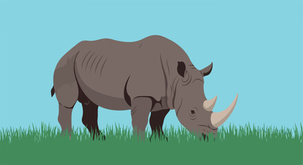 Obraz premium Stylized rhino in a green field, eating grass under a blue sky