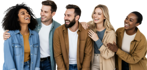 Five diverse friends men and women of various ethnicities laughing together with arms around each other people group happy
