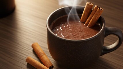 Cozy hot chocolate with cinnamon sticks recipe perfect for winter holiday season and christmas morning - Powered by Adobe