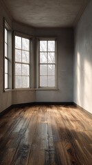 Fototapeta premium Sunlight filters softly through large windows in a serene, empty room featuring polished wooden floors and rustic walls, creating a tranquil atmosphere for relaxation.