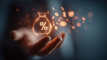 Human hand holding a glowing digital money bag with a percentage sign symbolizing financial growth and investment opportunities in a futuristic style
