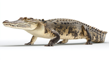 Naklejka premium A full body shot of a crocodile with its mouth closed on a white background surface