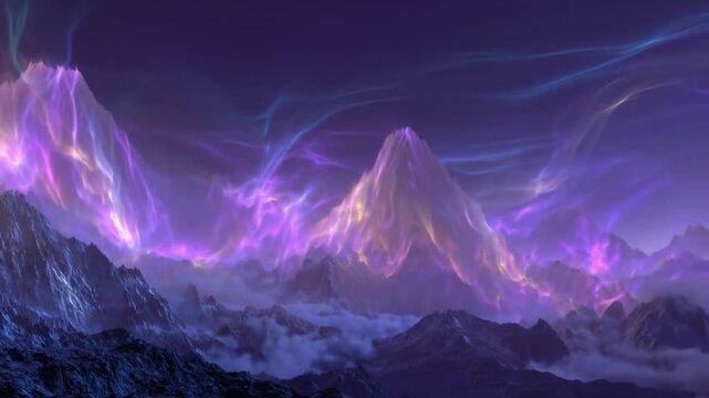 Abstract mountain landscape with purple hues and dramatic clouds