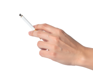 A hand holding a lit cigarette with a visible filter tip and ash, against a simple light gray background.