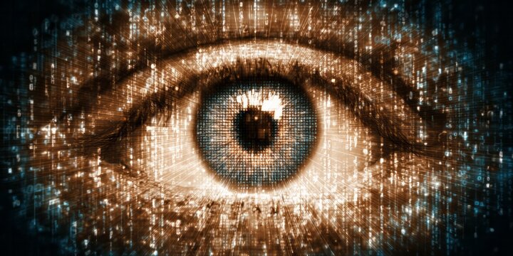Digital information flows across a human eye in an abstract representation of data security.