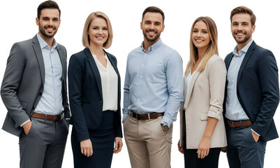 Five Diverse Professionals Three Men And Two Women In Business Attire Smiling And Standing Together Against A Transparent Background