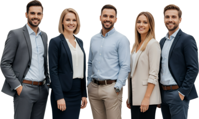 Five Diverse Professionals Three Men And Two Women In Business Attire Smiling And Standing Together Against A Transparent Background