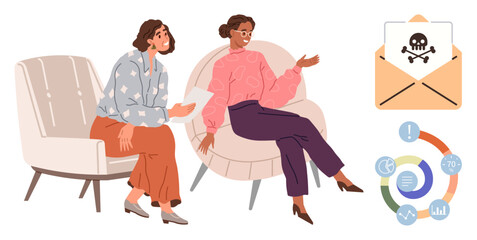 Two women seated in conversation, referencing cybersecurity risks with a malware email alert and infographic detailing data flow. Ideal for technology, security, teamwork, education, communication