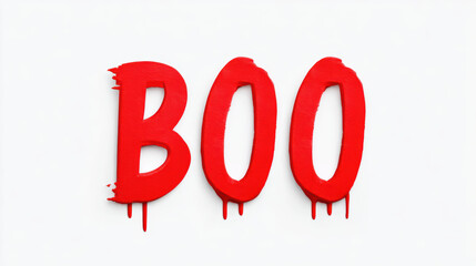 Frightening word boo written in scary red dripping paint on an isolated white background. This spooky horror message is perfect for Halloween greeting or decoration