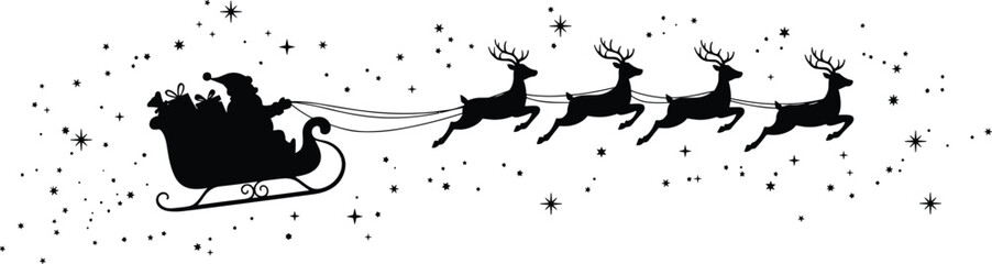 Santa sleigh silhouette vector illustration, flying reindeer artwork, festive Christmas design, magical holiday graphic, winter night celebration, cad drawing flat vector illustration