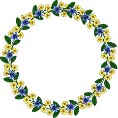 Delicate vector wreath of yellow primrose and blue scilla flowers with green leaves, forming a circular frame for design elements.