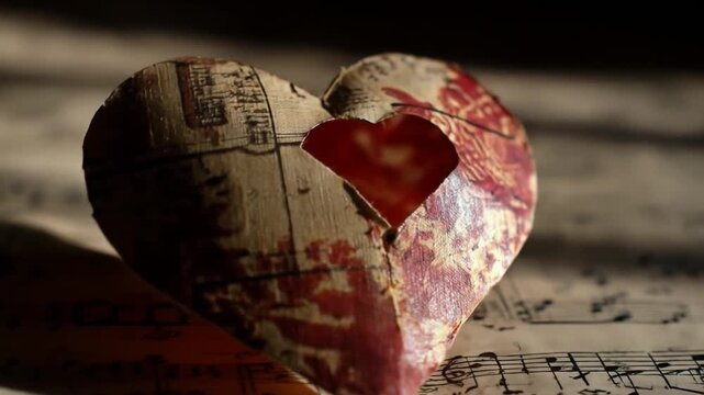 Distressed paper heart decoration with a cutout, resting on vintage sheet music, symbolizing love, romance, and melody.