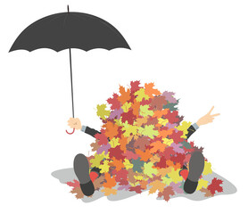 Happy man with umbrella lays under a huge pile of multicolored autumn leaves. Isolated on white background
