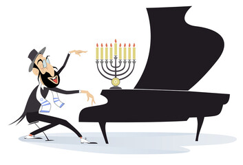 Illustration of cheerfulness Jewish man playing music on piano and singing. White background	