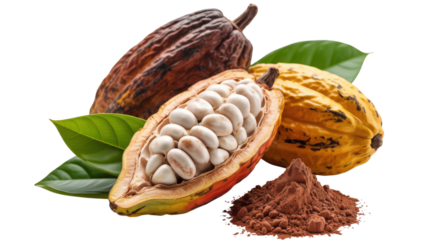 Open Cacao Pod with Beans and Powder Displayed Against a Transparent Backdrop Showcasing Natural Goodness