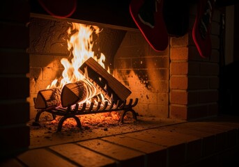 Cozy Christmas evening with logs burning brightly in a brick fireplace, festive stockings hanging above.