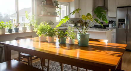 Bright modern kitchen with island and plants bathed in sunlight
