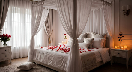 Romantic bedroom sanctuary with rose petals, candles, and soft lighting.