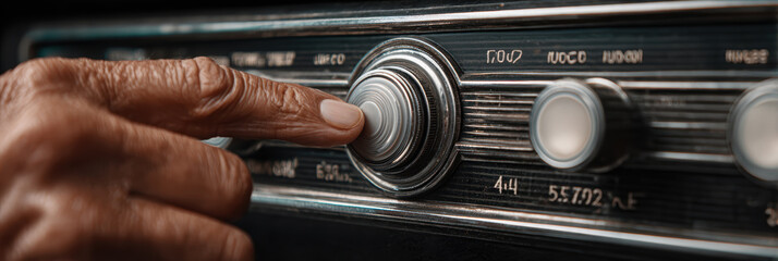 Nostalgic senior african american hand turning vintage knob of classic car radio. calm moment listening to old music on retro audio system inside vehicle