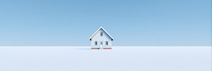 Minimalist white house stands alone in snowy winter landscape. simple home architecture under clear blue sky, creating serene mood of peaceful solitude